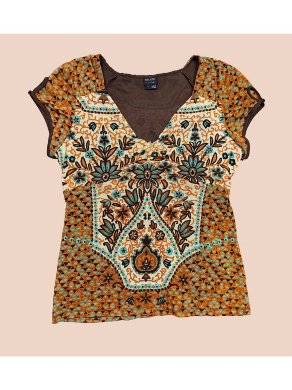 Vintage Nicole Miller Y2K Top Women L Orange Teal Brown Boho Mesh Cap Sleeve